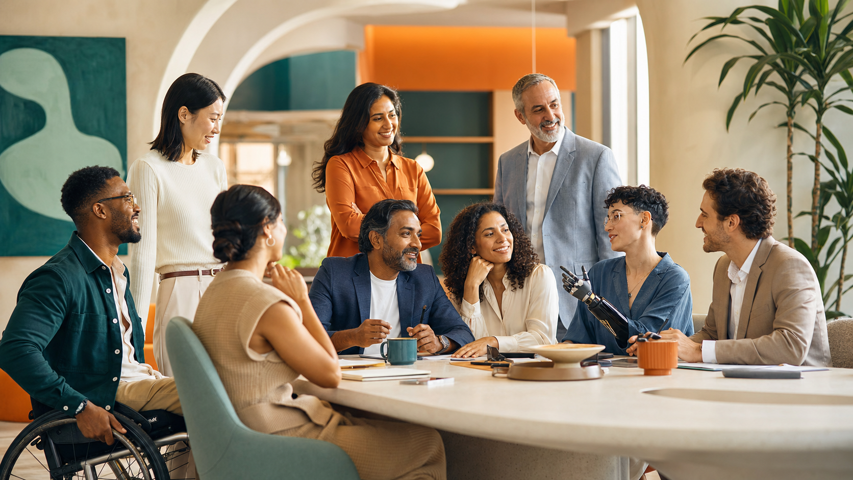 A broad, multi-racial and gender-diverse group of professionals collaborating in a bright Digilinx workspace